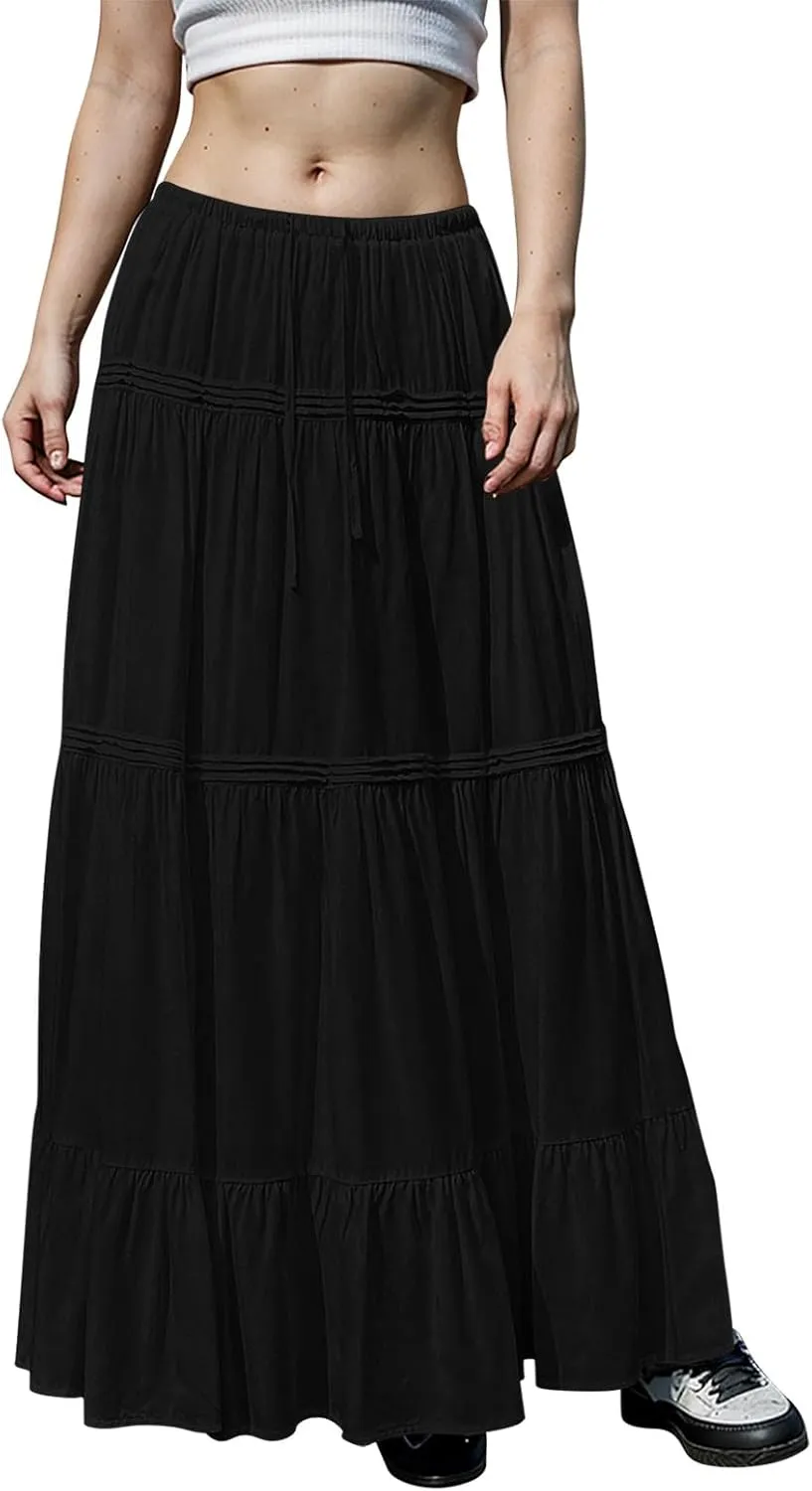 Flowy Tiered Maxi Skirts for Women Trendy Summer Boho Long Skirts Elastic Drawstring Waist Pleated Swing A Line Skirt