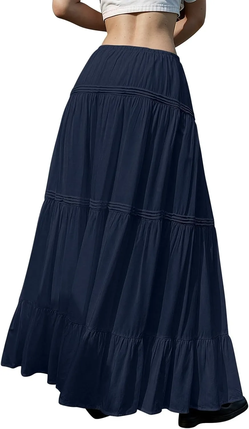 Flowy Tiered Maxi Skirts for Women Trendy Summer Boho Long Skirts Elastic Drawstring Waist Pleated Swing A Line Skirt