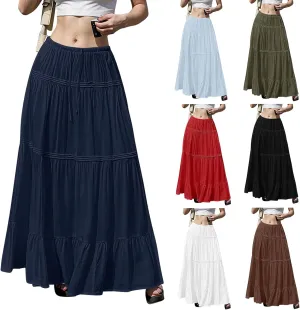 Flowy Tiered Maxi Skirts for Women Trendy Summer Boho Long Skirts Elastic Drawstring Waist Pleated Swing A Line Skirt