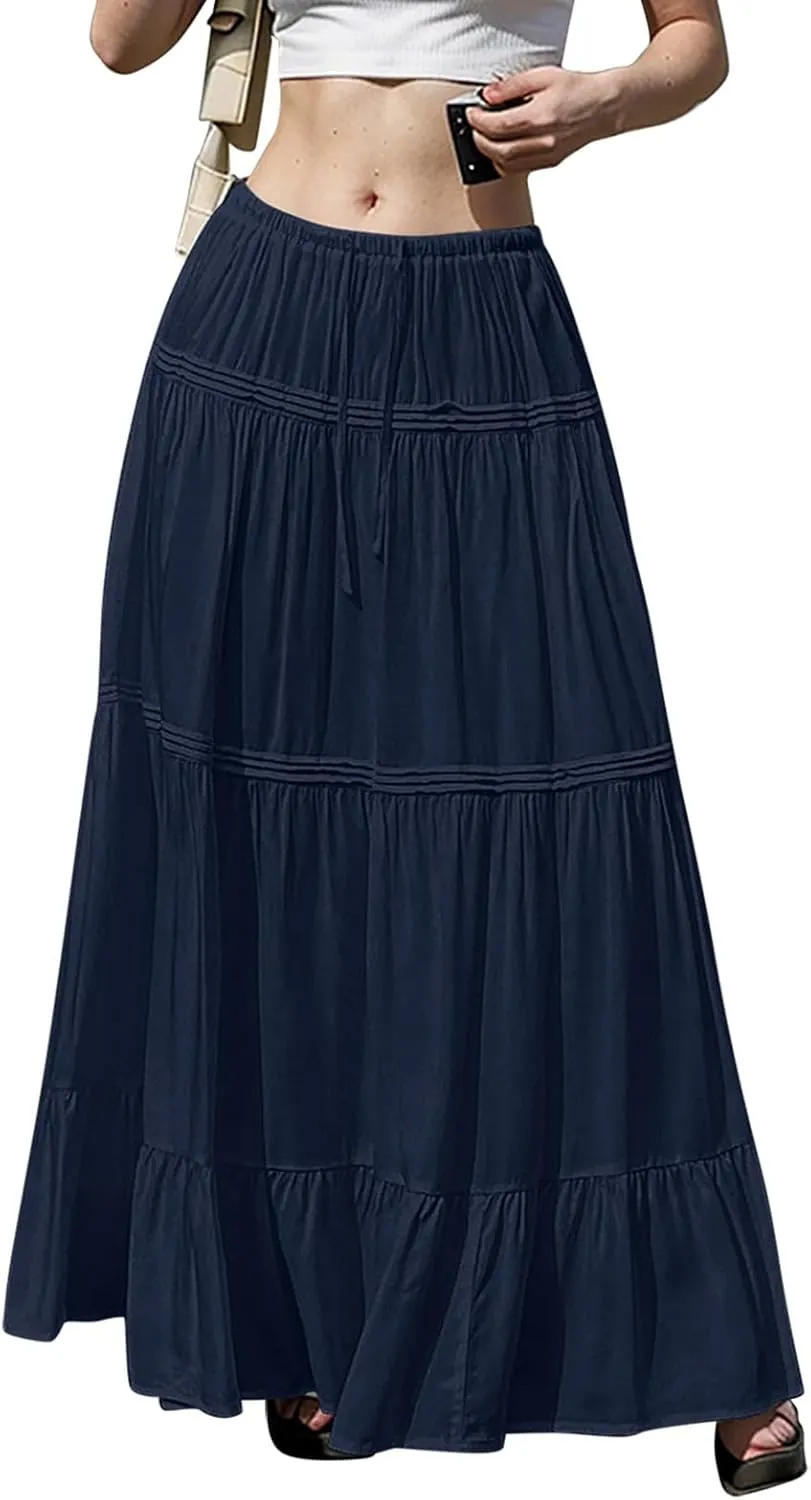 Flowy Tiered Maxi Skirts for Women Trendy Summer Boho Long Skirts Elastic Drawstring Waist Pleated Swing A Line Skirt