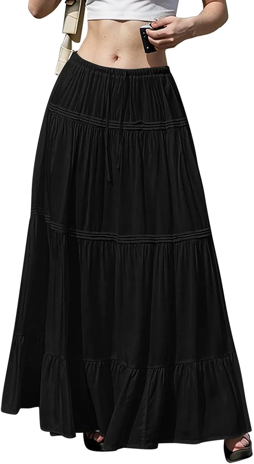 Flowy Tiered Maxi Skirts for Women Trendy Summer Boho Long Skirts Elastic Drawstring Waist Pleated Swing A Line Skirt