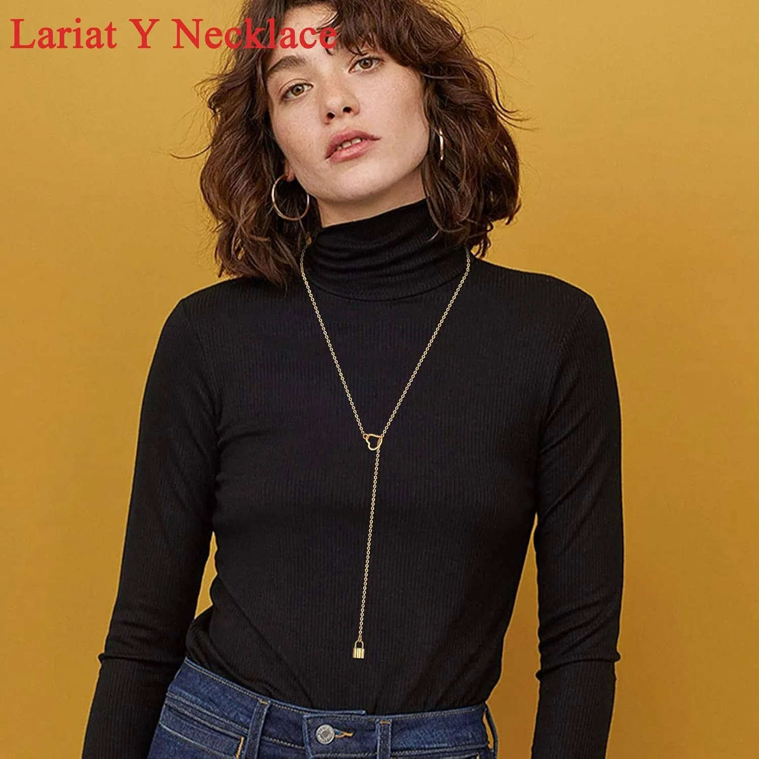 FOCALOOK Lariat Y-Necklaces | Long Necklaces for Women | Long Black Necklaces | Gold Necklaces for Women | Drop Heart Necklaces for Women | Front Adjustable Long Chain Necklace