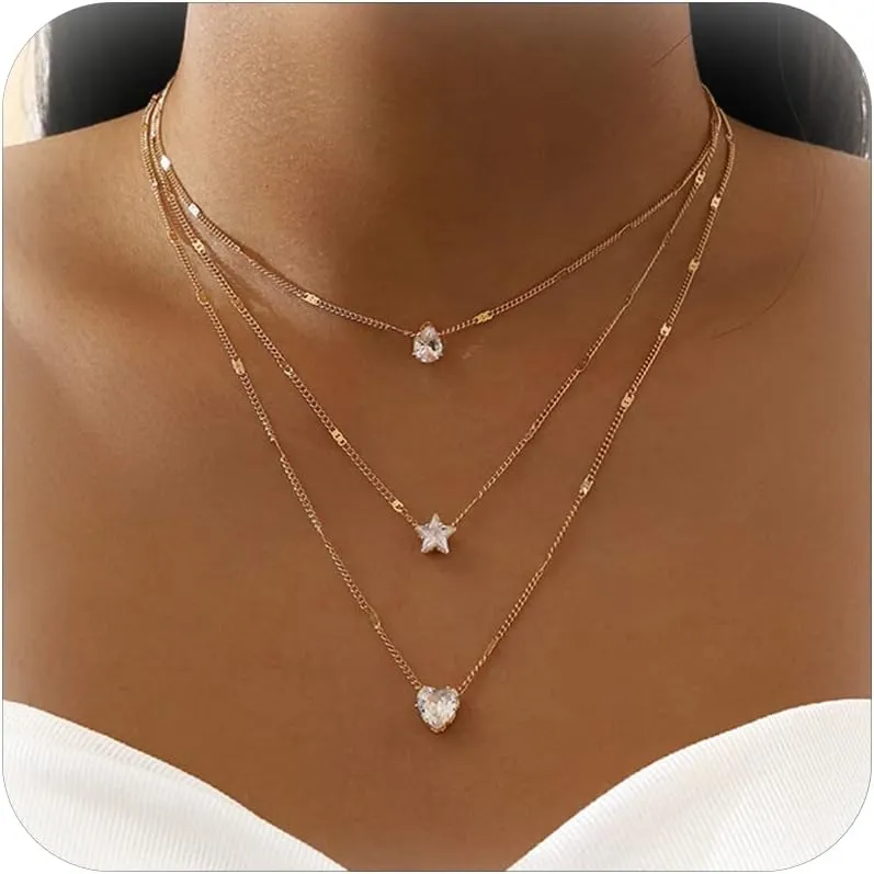 Frodete Layered Necklaces for Women Star Rhinestone Pendant Layered Choker Necklaces Multi Dainty Boho Necklaces for Women Layered Summer Beach Layered Necklaces for Women Trendy