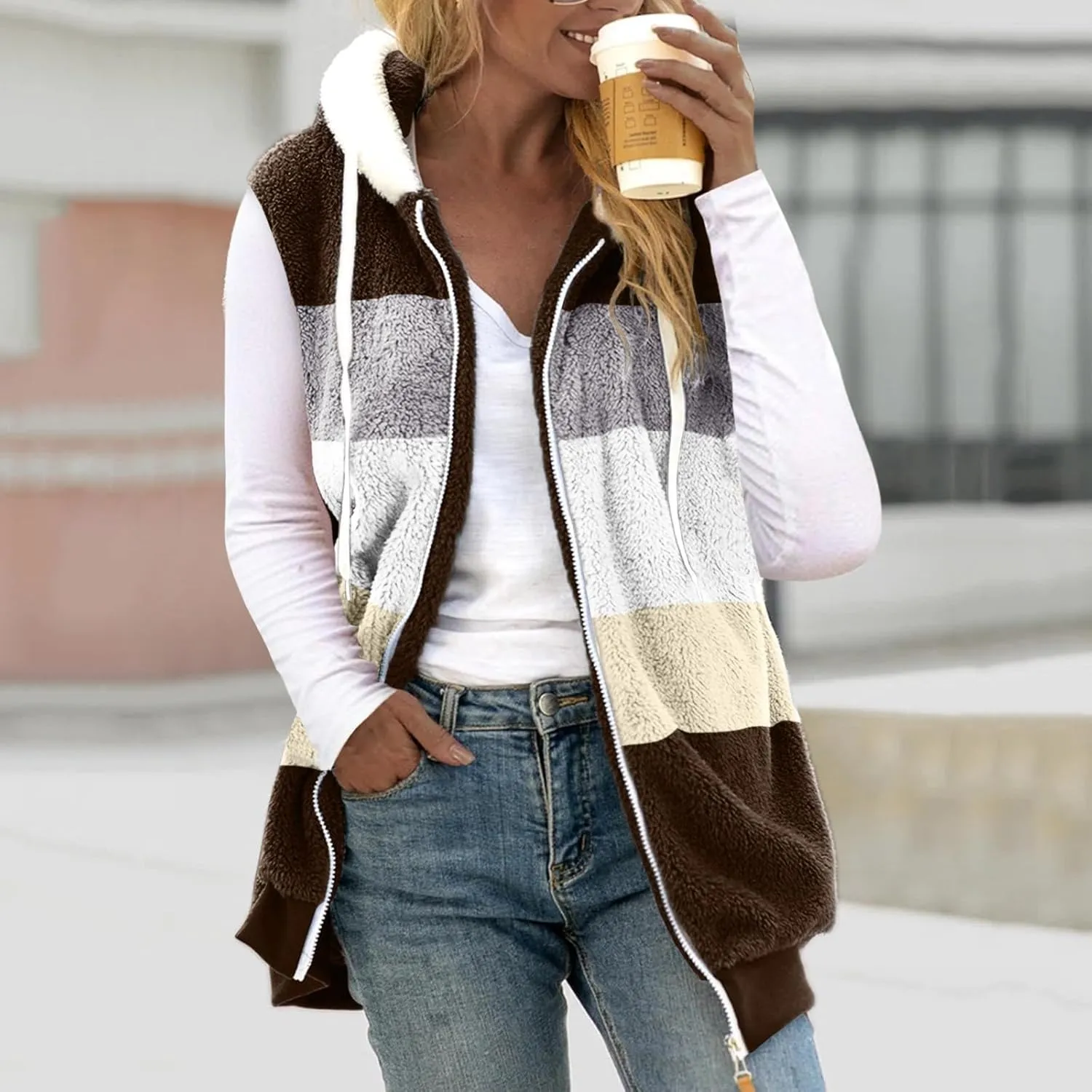 Fuzzy Fleece Vest for Women Color Block Sleeveless Hooded Jacket Casual Zip Up Sherpa Vest Winter Warm Teddy Coat