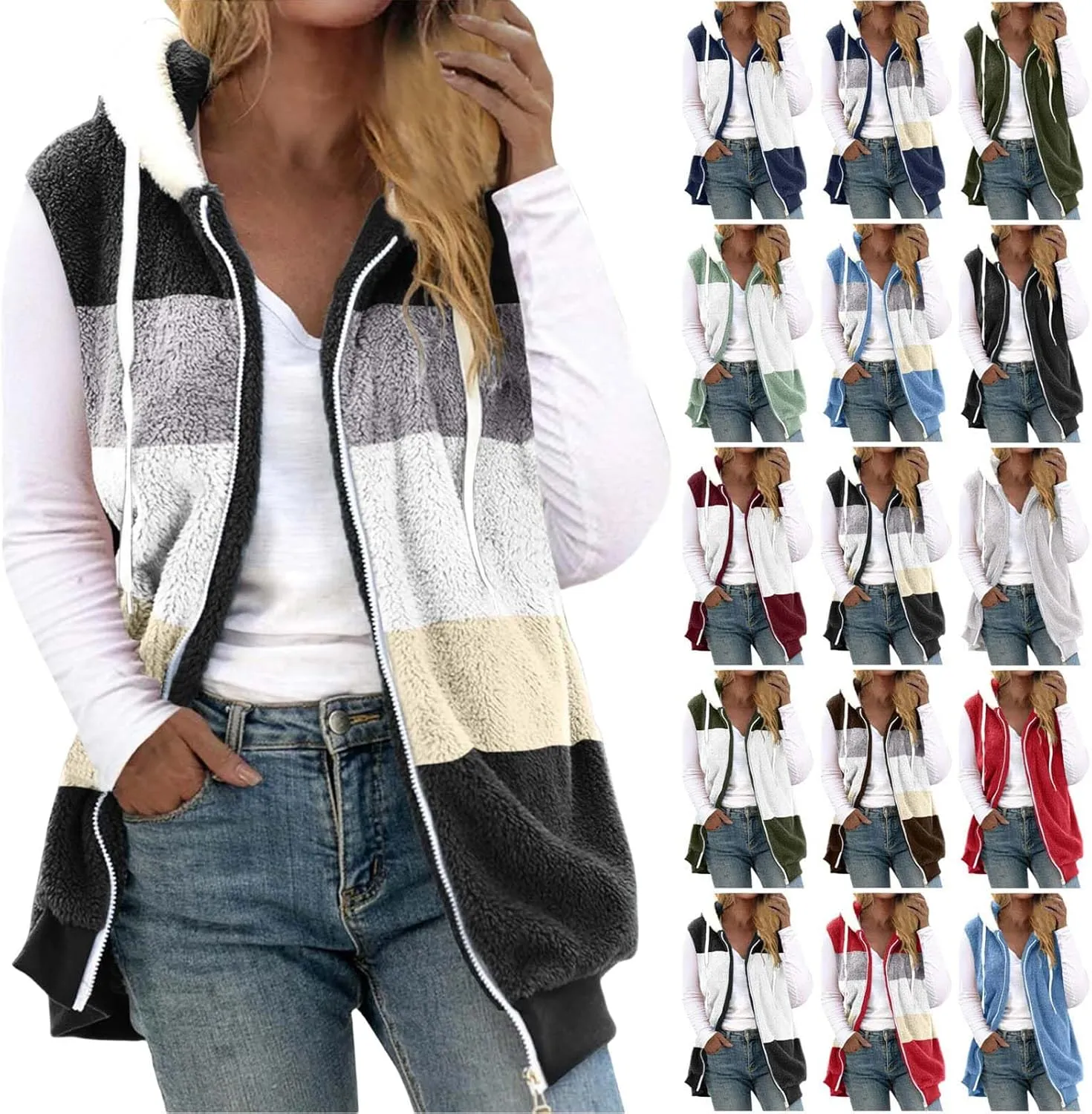Fuzzy Fleece Vest for Women Color Block Sleeveless Hooded Jacket Casual Zip Up Sherpa Vest Winter Warm Teddy Coat