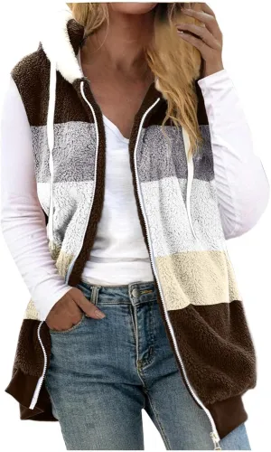 Fuzzy Fleece Vest for Women Color Block Sleeveless Hooded Jacket Casual Zip Up Sherpa Vest Winter Warm Teddy Coat