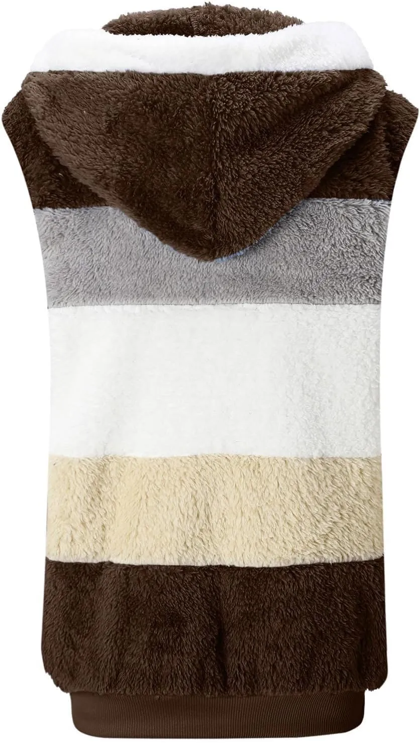 Fuzzy Fleece Vest for Women Color Block Sleeveless Hooded Jacket Casual Zip Up Sherpa Vest Winter Warm Teddy Coat