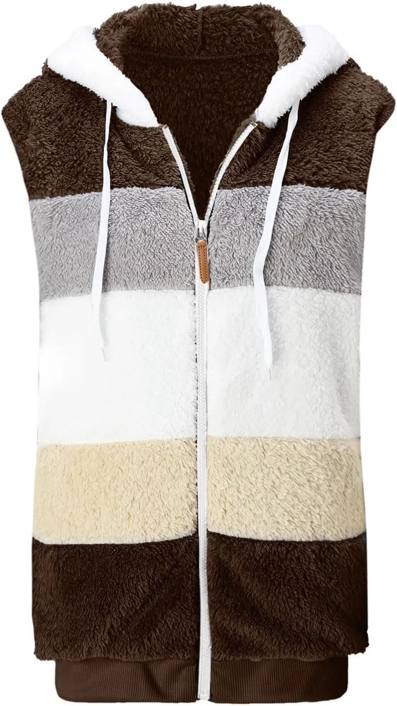 Fuzzy Fleece Vest for Women Color Block Sleeveless Hooded Jacket Casual Zip Up Sherpa Vest Winter Warm Teddy Coat