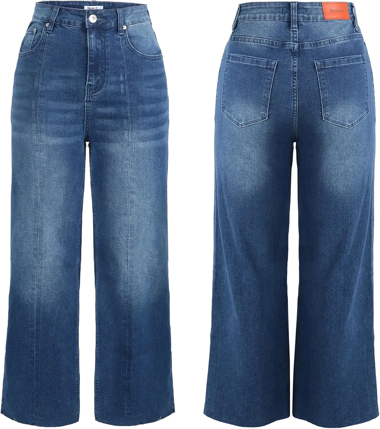 Genleck Women's Wide Leg Jeans - Cropped Jeans High Waisted Seamed Front Raw Hem Denim Pants Trendy Stretchy Baggy Jeans