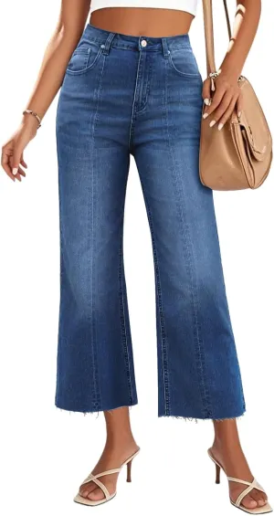 Genleck Women's Wide Leg Jeans - Cropped Jeans High Waisted Seamed Front Raw Hem Denim Pants Trendy Stretchy Baggy Jeans