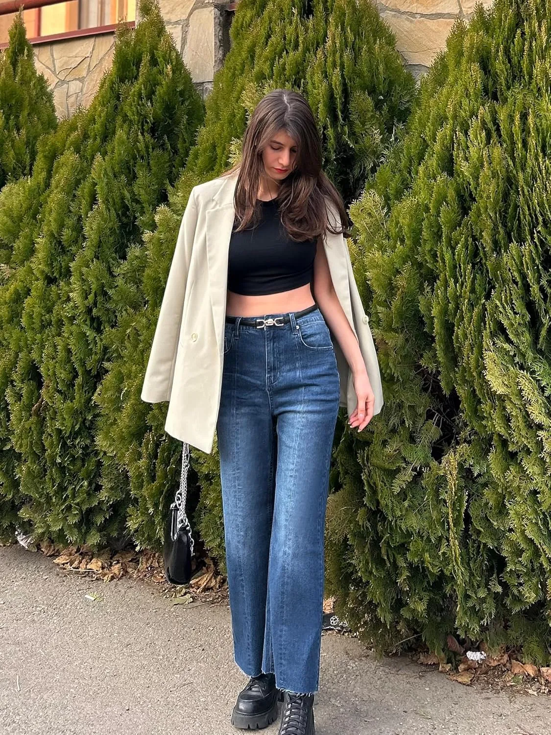 Genleck Women's Wide Leg Jeans - Cropped Jeans High Waisted Seamed Front Raw Hem Denim Pants Trendy Stretchy Baggy Jeans