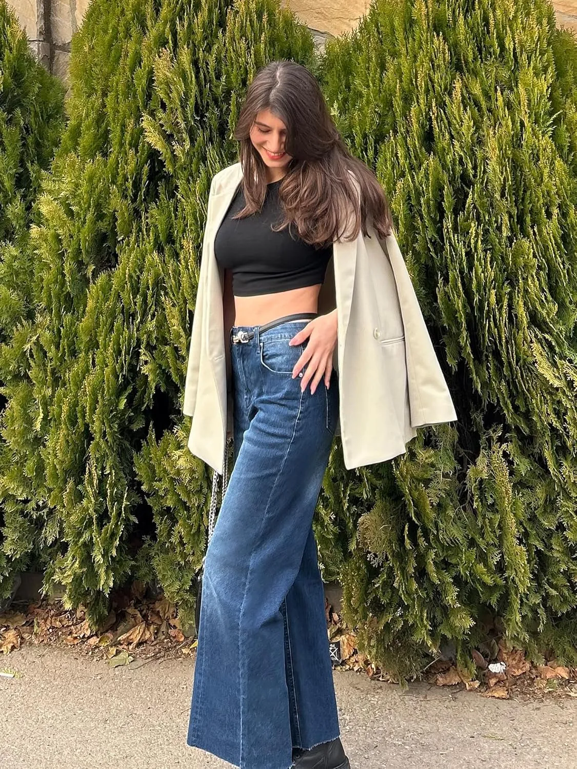 Genleck Women's Wide Leg Jeans - Cropped Jeans High Waisted Seamed Front Raw Hem Denim Pants Trendy Stretchy Baggy Jeans