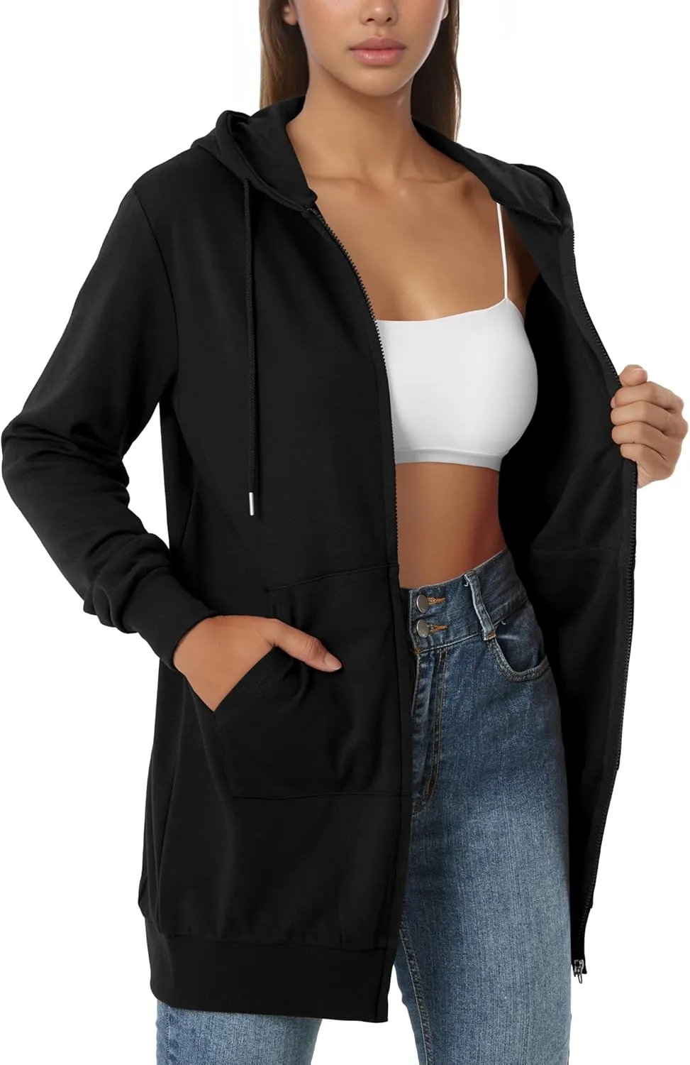 GIVON Womens Zip Up Long Tunic Hoodie Sweatshirt Lightweight Regular Fit Jacket with Pockets