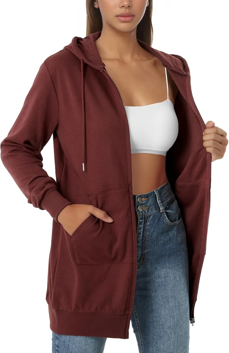 GIVON Womens Zip Up Long Tunic Hoodie Sweatshirt Lightweight Regular Fit Jacket with Pockets