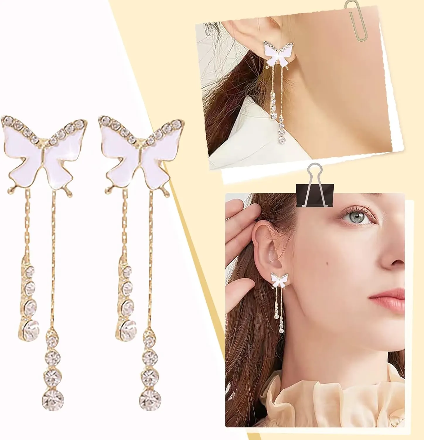 Gold Dangle Earrings for Women,Dainty Sterling Silver Bowknot Crystal Long Tassel Chain Earrings Jewelry Gifts for Mom Wife