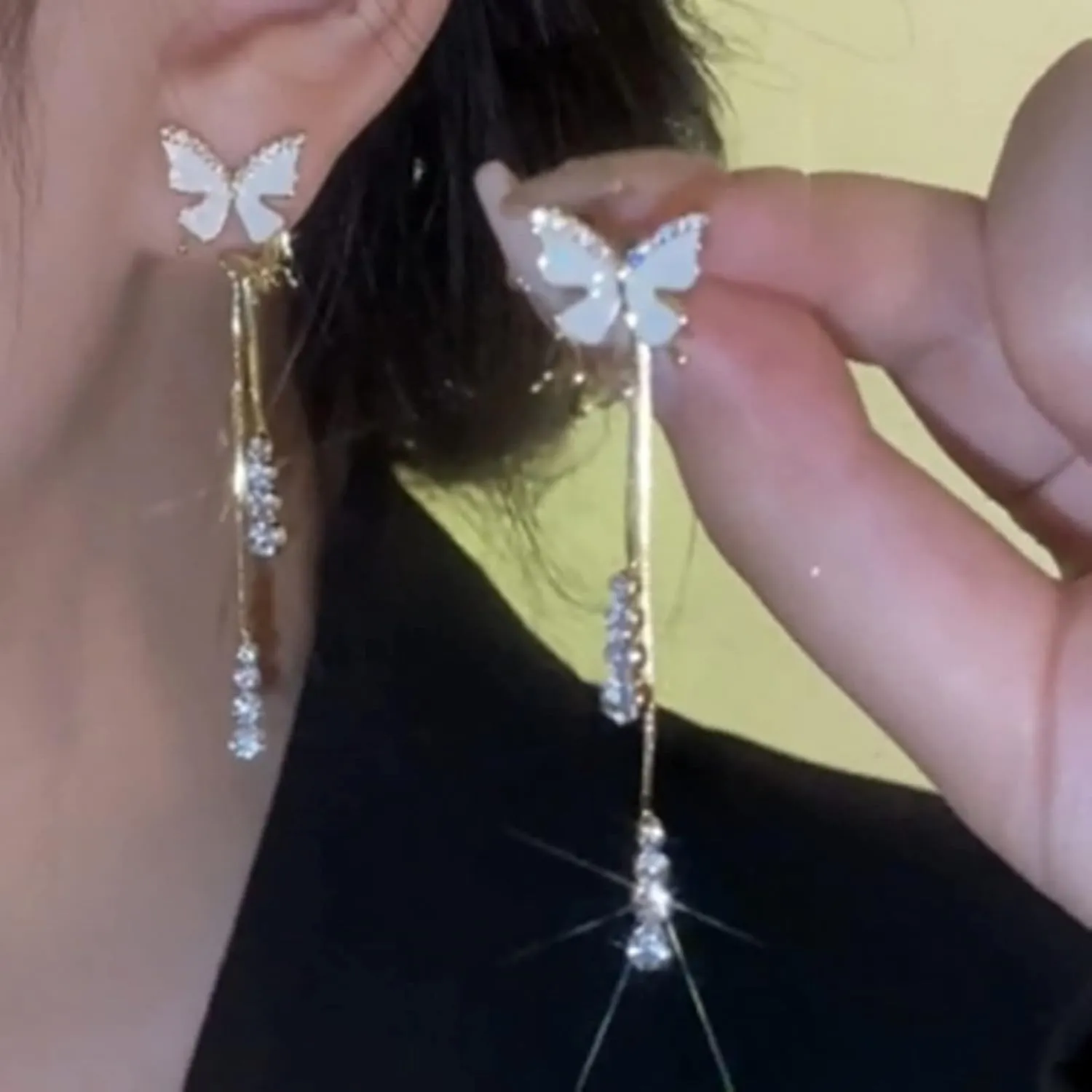Gold Dangle Earrings for Women,Dainty Sterling Silver Bowknot Crystal Long Tassel Chain Earrings Jewelry Gifts for Mom Wife