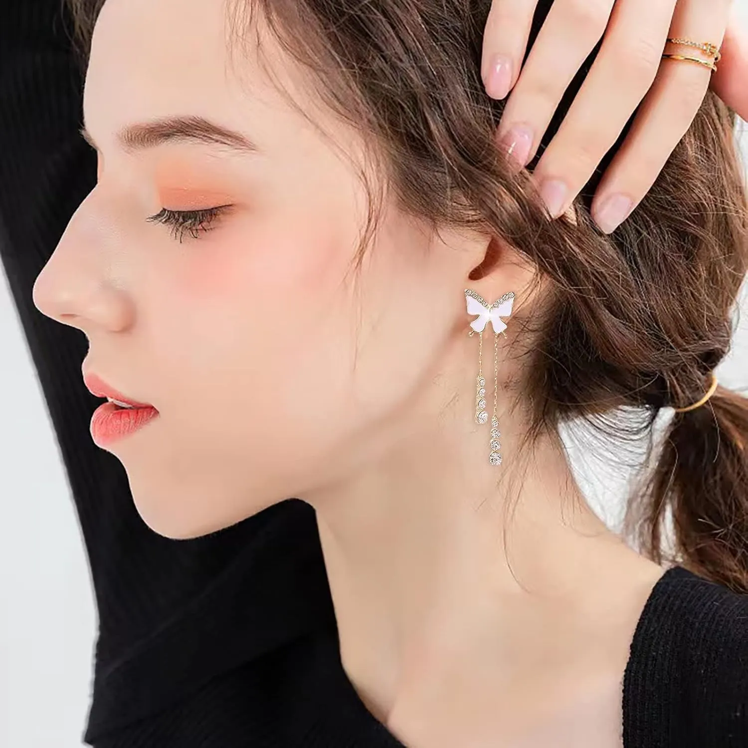 Gold Dangle Earrings for Women,Dainty Sterling Silver Bowknot Crystal Long Tassel Chain Earrings Jewelry Gifts for Mom Wife