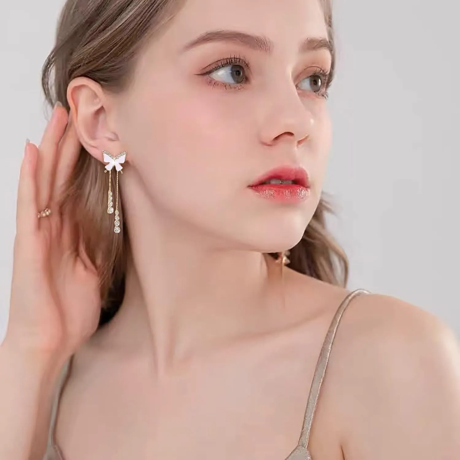 Gold Dangle Earrings for Women,Dainty Sterling Silver Bowknot Crystal Long Tassel Chain Earrings Jewelry Gifts for Mom Wife