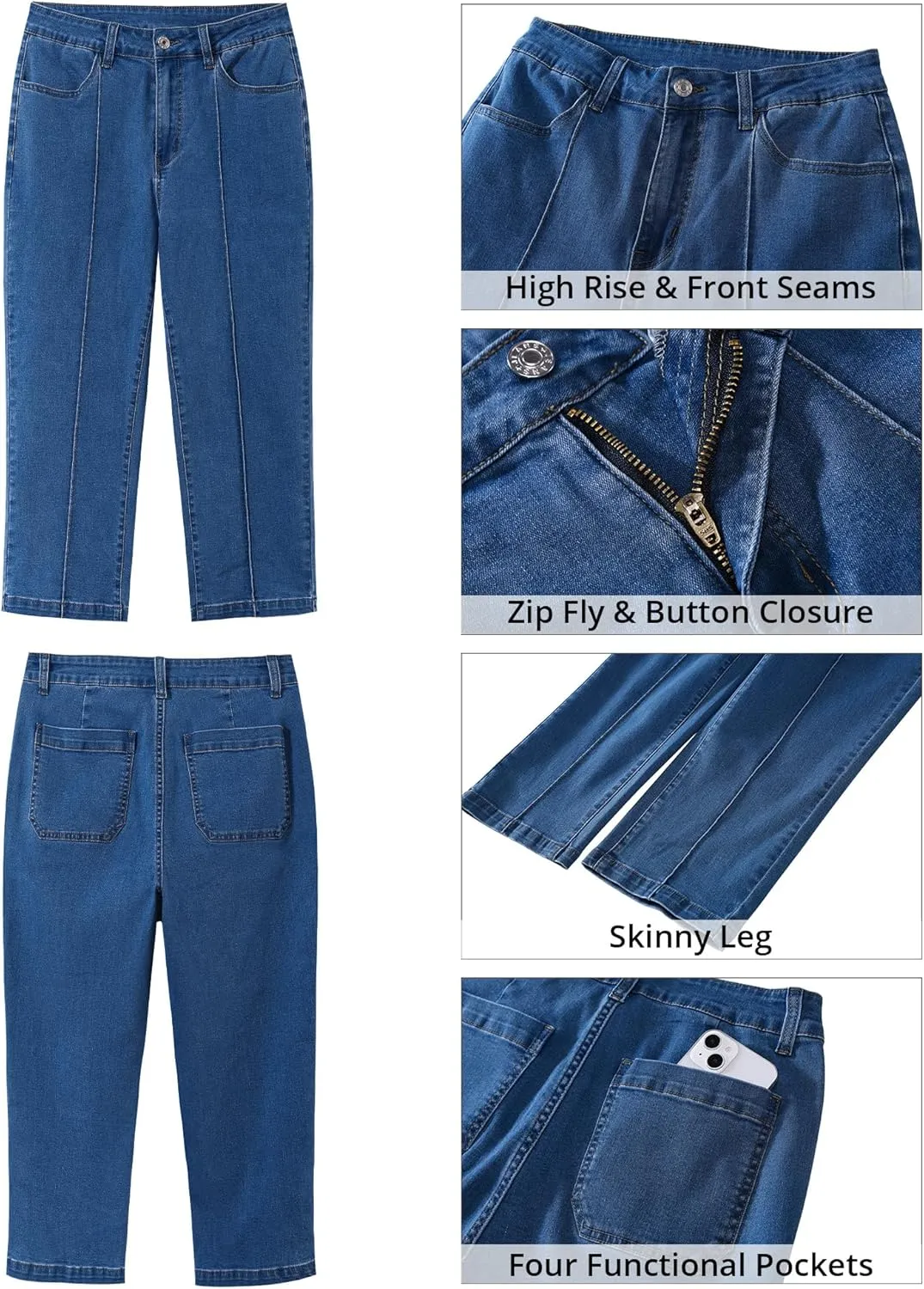 GRAPENT Capri Jeans for Women High Waisted Stretchy Denim Capris Front Seamed Cropped Skinny Slim Fit Jeans with Pockets