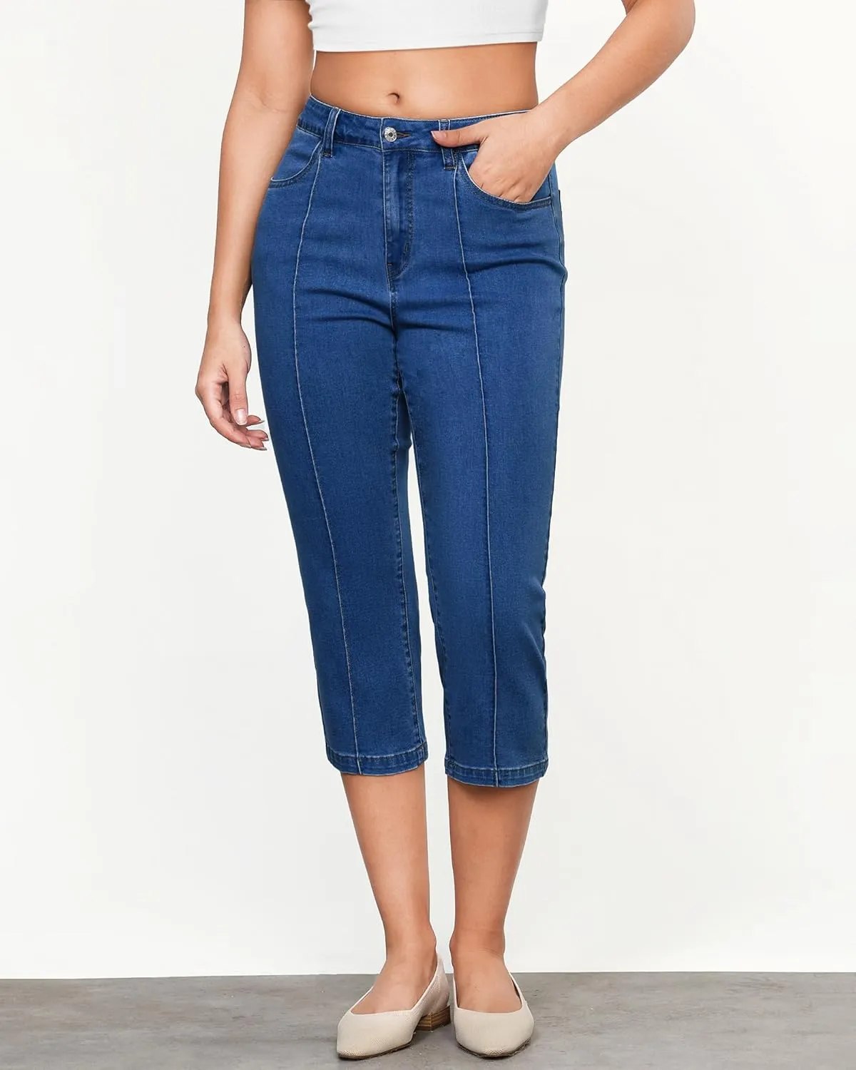 GRAPENT Capri Jeans for Women High Waisted Stretchy Denim Capris Front Seamed Cropped Skinny Slim Fit Jeans with Pockets