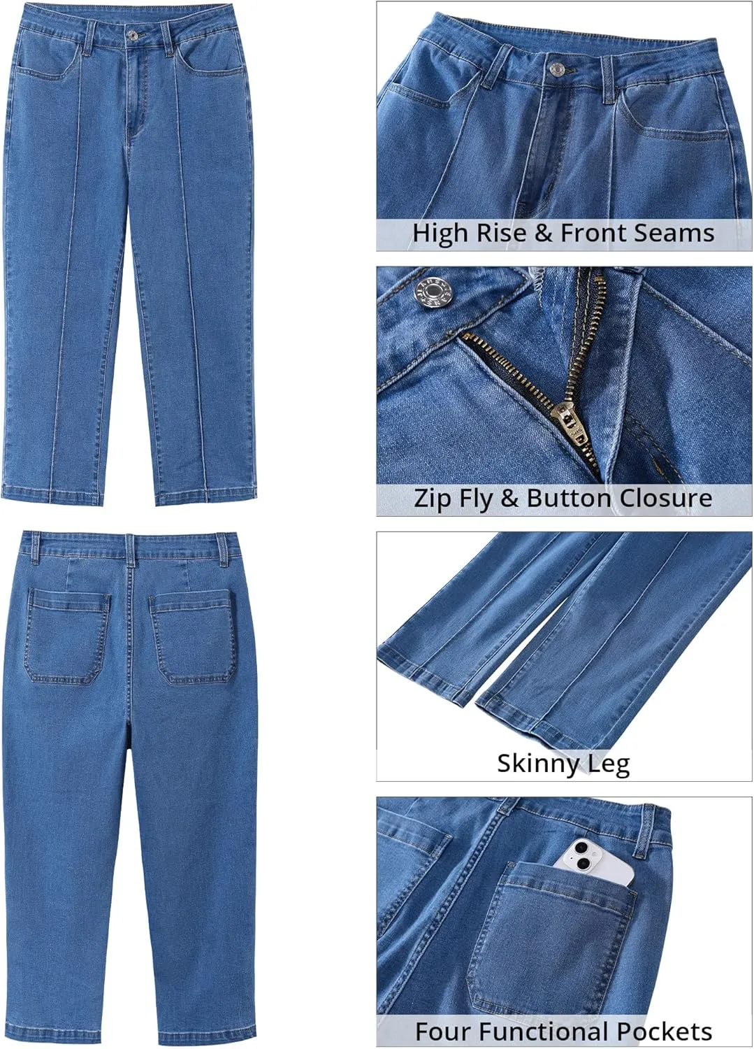 GRAPENT Capri Jeans for Women High Waisted Stretchy Denim Capris Front Seamed Cropped Skinny Slim Fit Jeans with Pockets