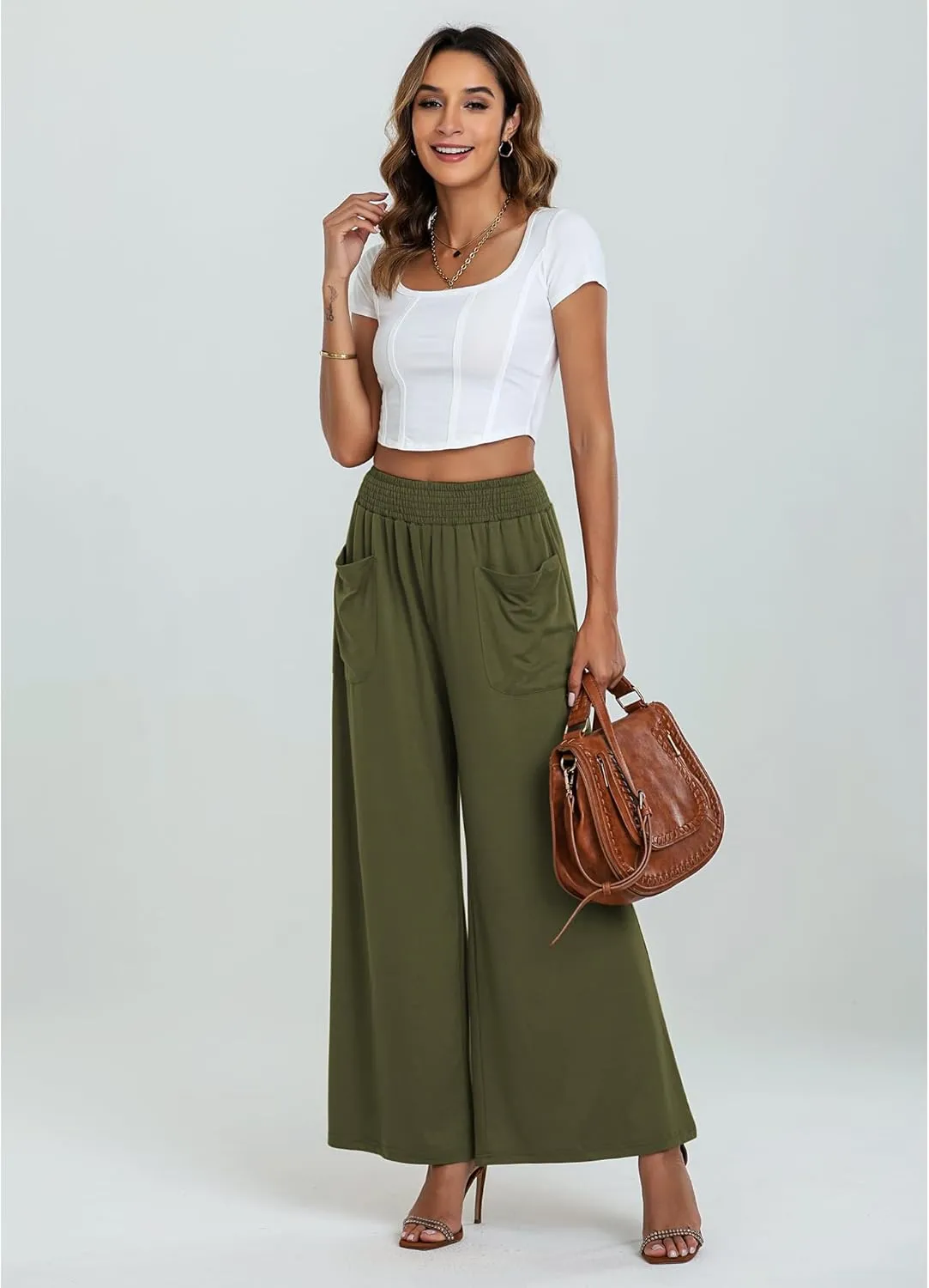 GRAPENT Wide Leg Pants for Women High Wasited Baggy Palazzo Pants Casual Pull On Bell Bottom Smocked Elastic Waist Pants