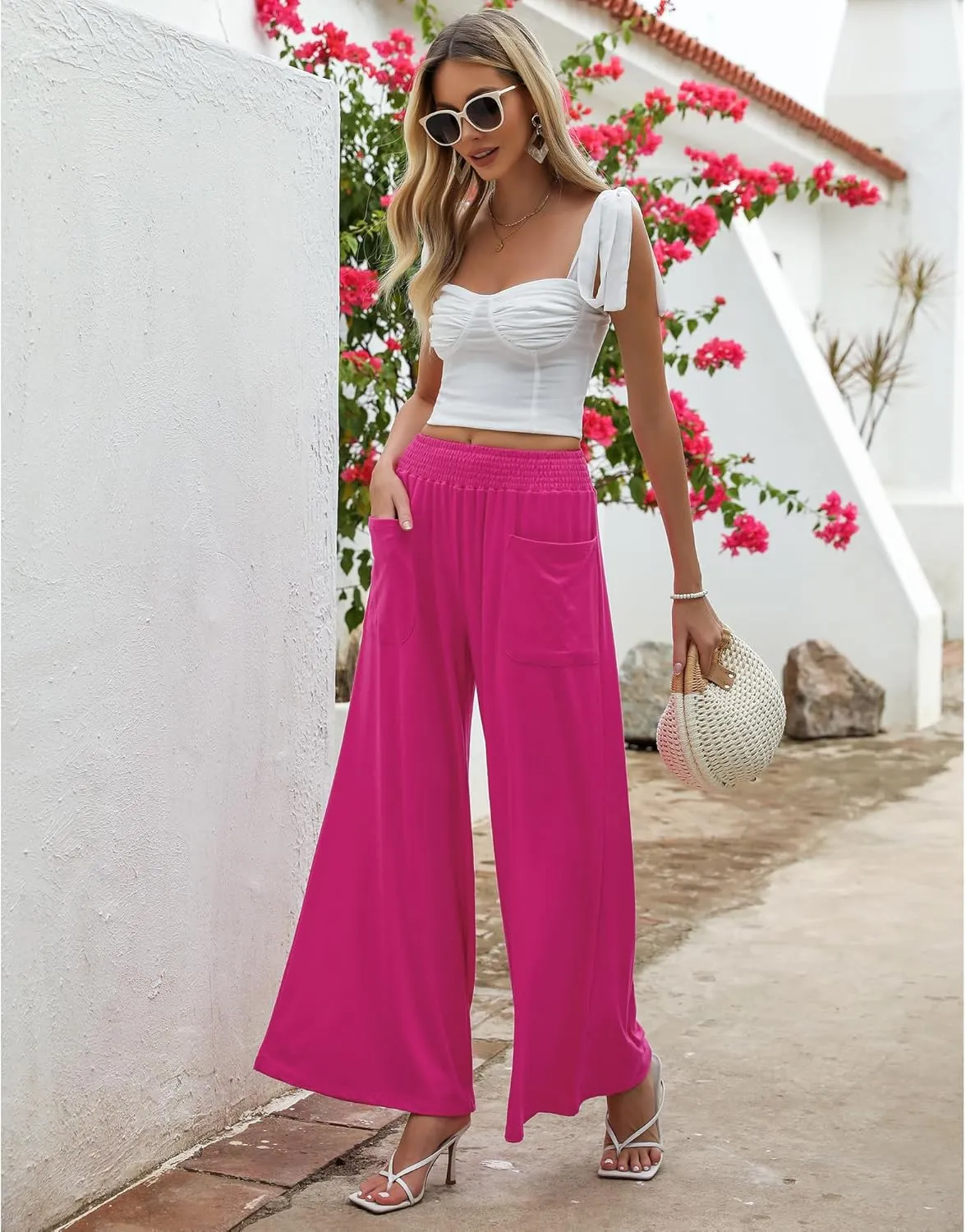GRAPENT Wide Leg Pants for Women High Wasited Baggy Palazzo Pants Casual Pull On Bell Bottom Smocked Elastic Waist Pants