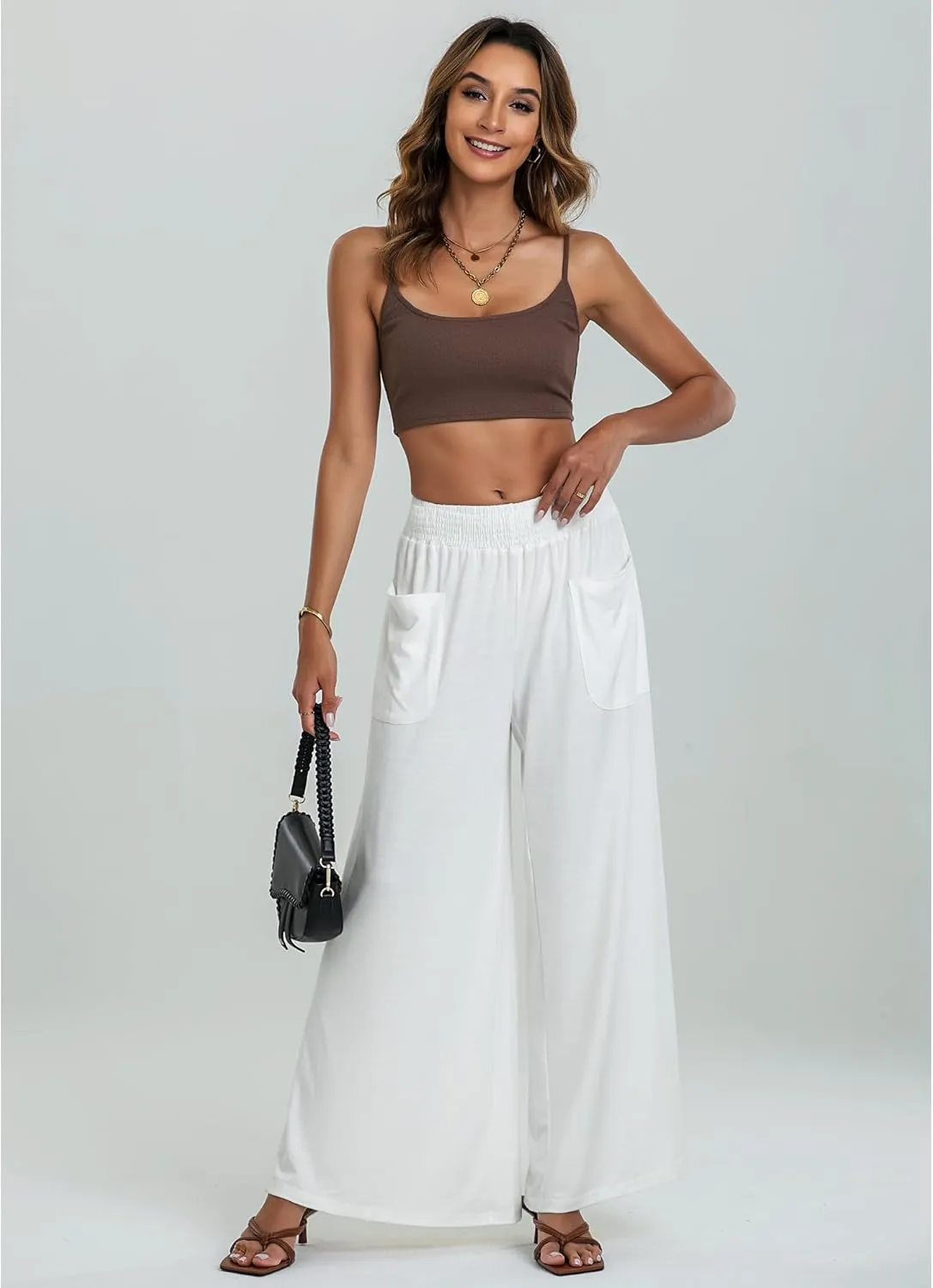 GRAPENT Wide Leg Pants for Women High Wasited Baggy Palazzo Pants Casual Pull On Bell Bottom Smocked Elastic Waist Pants