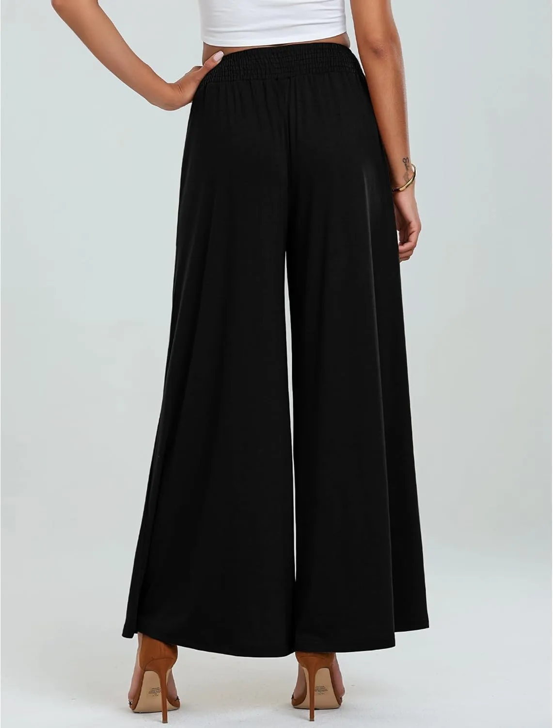 GRAPENT Wide Leg Pants for Women High Wasited Baggy Palazzo Pants Casual Pull On Bell Bottom Smocked Elastic Waist Pants