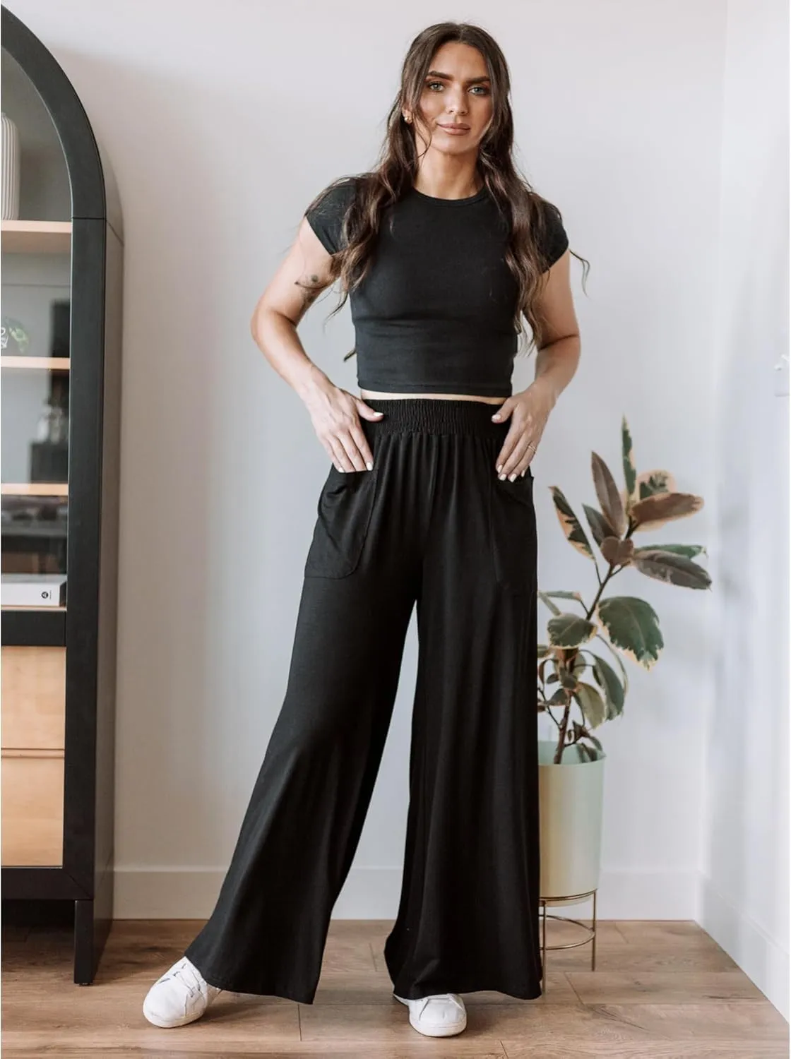 GRAPENT Wide Leg Pants for Women High Wasited Baggy Palazzo Pants Casual Pull On Bell Bottom Smocked Elastic Waist Pants