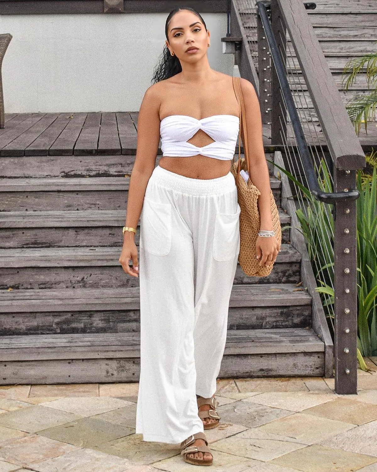 GRAPENT Wide Leg Pants for Women High Wasited Baggy Palazzo Pants Casual Pull On Bell Bottom Smocked Elastic Waist Pants