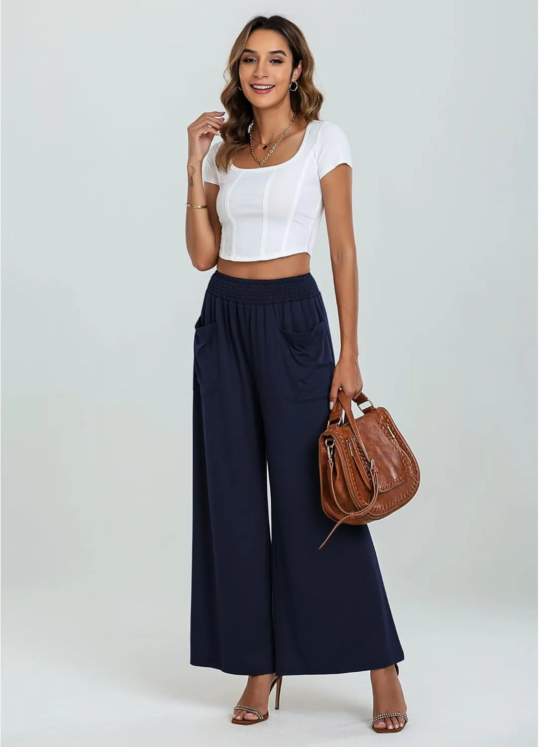 GRAPENT Wide Leg Pants for Women High Wasited Baggy Palazzo Pants Casual Pull On Bell Bottom Smocked Elastic Waist Pants