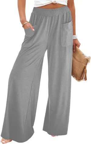 GRAPENT Wide Leg Pants for Women High Wasited Baggy Palazzo Pants Casual Pull On Bell Bottom Smocked Elastic Waist Pants