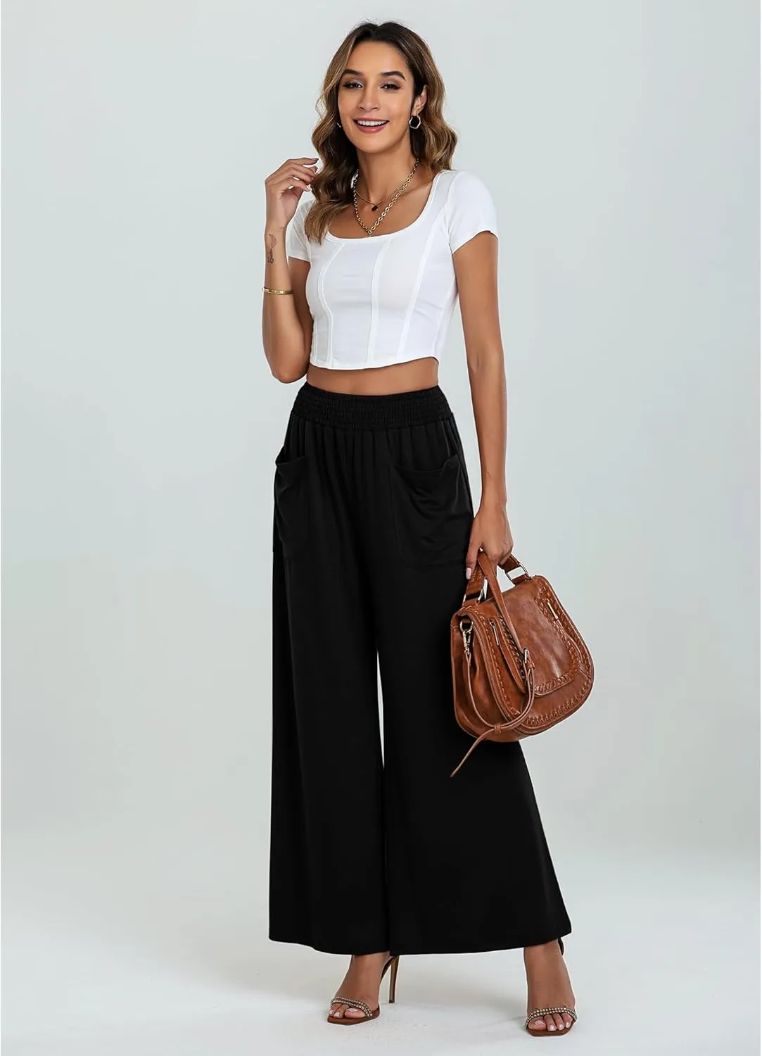 GRAPENT Wide Leg Pants for Women High Wasited Baggy Palazzo Pants Casual Pull On Bell Bottom Smocked Elastic Waist Pants
