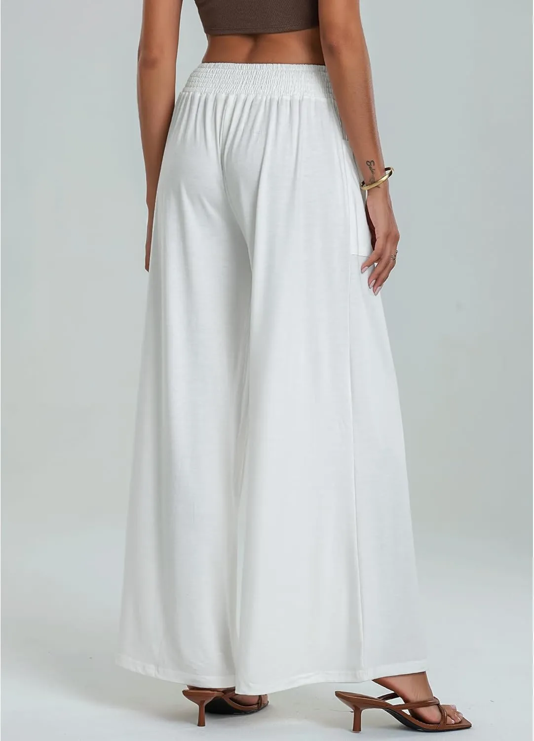 GRAPENT Wide Leg Pants for Women High Wasited Baggy Palazzo Pants Casual Pull On Bell Bottom Smocked Elastic Waist Pants