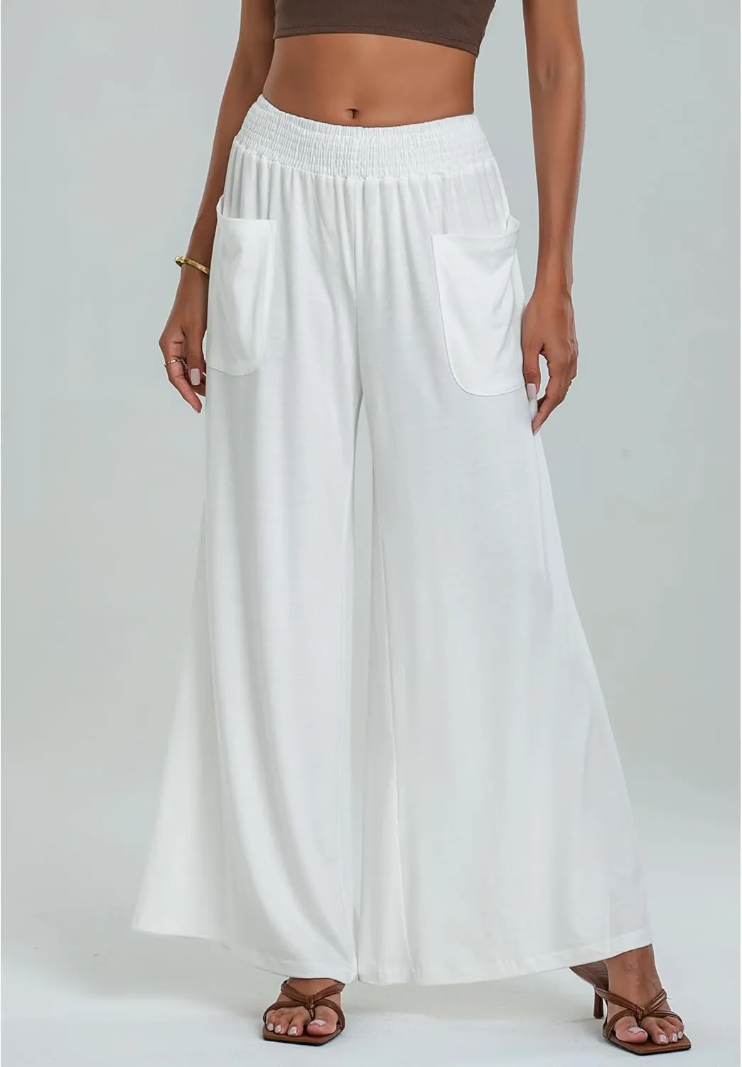 GRAPENT Wide Leg Pants for Women High Wasited Baggy Palazzo Pants Casual Pull On Bell Bottom Smocked Elastic Waist Pants