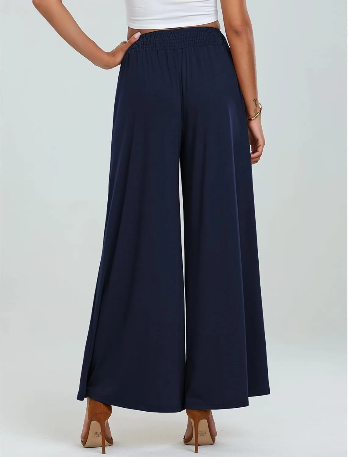 GRAPENT Wide Leg Pants for Women High Wasited Baggy Palazzo Pants Casual Pull On Bell Bottom Smocked Elastic Waist Pants