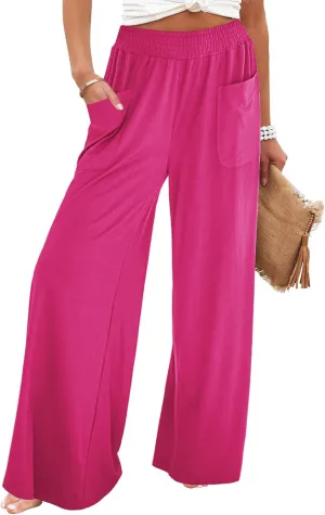 GRAPENT Wide Leg Pants for Women High Wasited Baggy Palazzo Pants Casual Pull On Bell Bottom Smocked Elastic Waist Pants