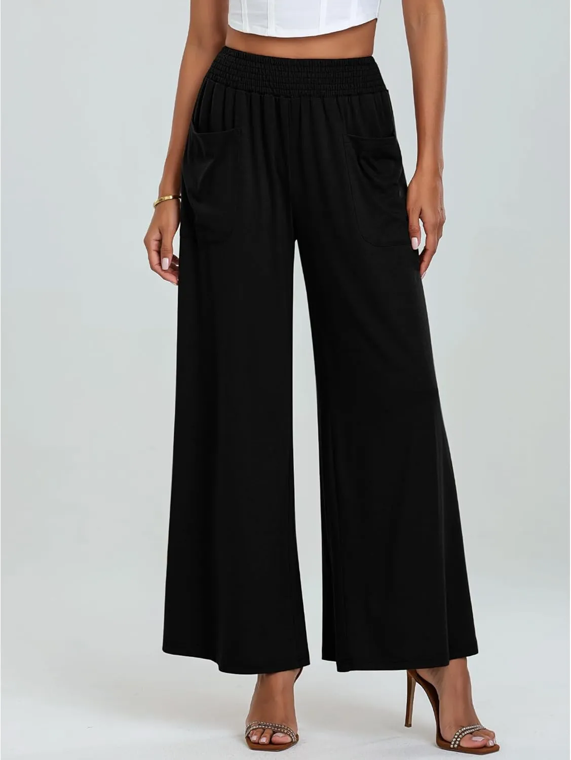 GRAPENT Wide Leg Pants for Women High Wasited Baggy Palazzo Pants Casual Pull On Bell Bottom Smocked Elastic Waist Pants