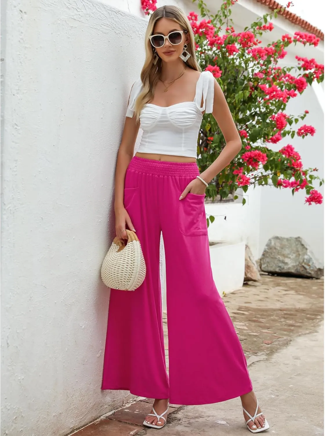 GRAPENT Wide Leg Pants for Women High Wasited Baggy Palazzo Pants Casual Pull On Bell Bottom Smocked Elastic Waist Pants