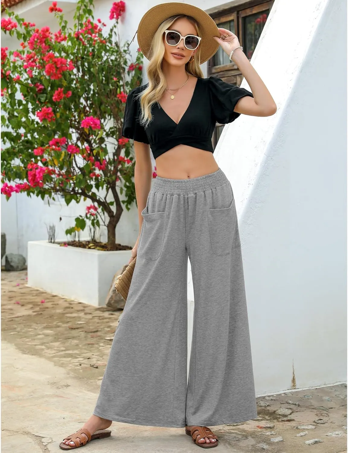 GRAPENT Wide Leg Pants for Women High Wasited Baggy Palazzo Pants Casual Pull On Bell Bottom Smocked Elastic Waist Pants