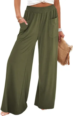 GRAPENT Wide Leg Pants for Women High Wasited Baggy Palazzo Pants Casual Pull On Bell Bottom Smocked Elastic Waist Pants