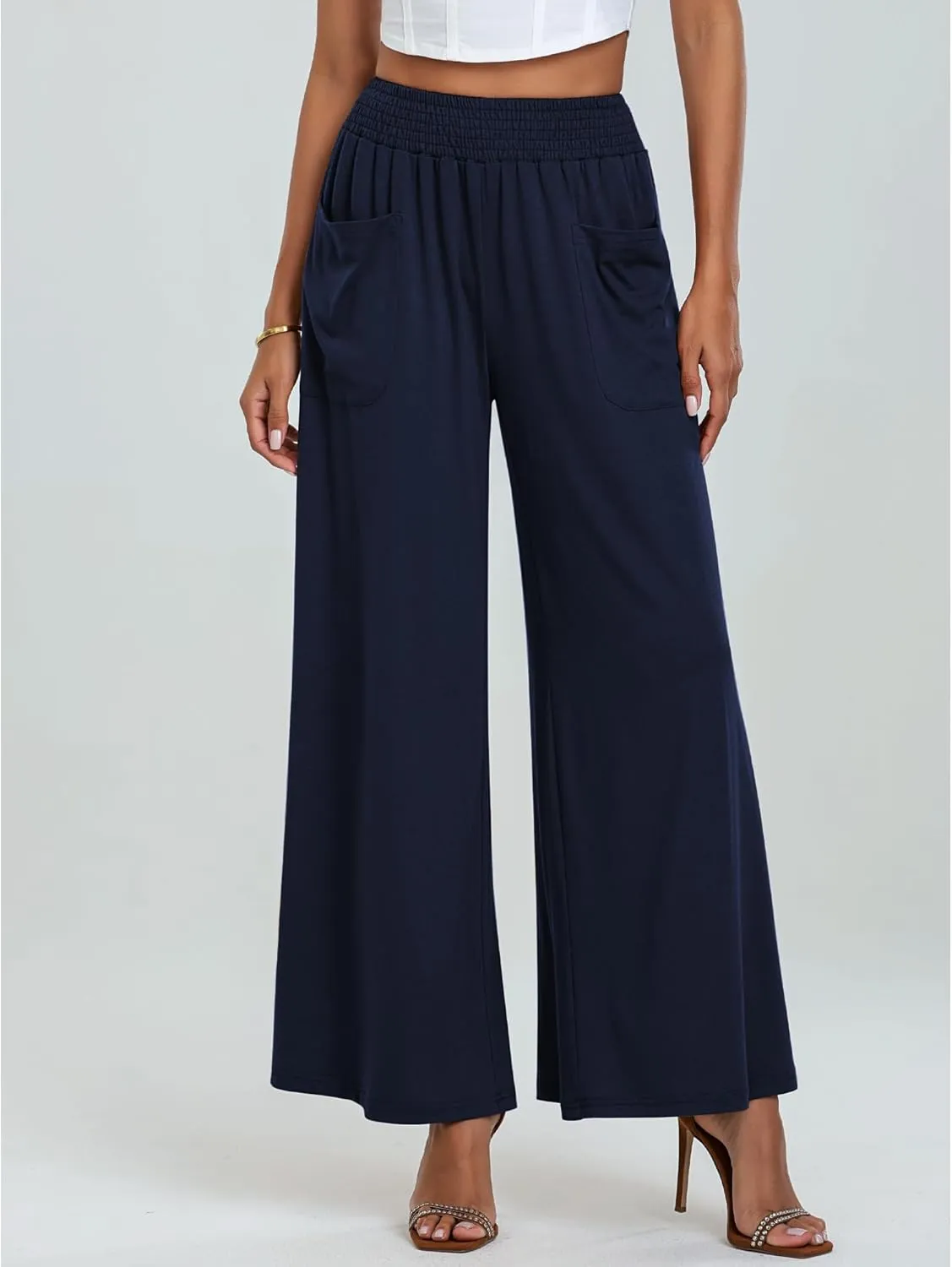 GRAPENT Wide Leg Pants for Women High Wasited Baggy Palazzo Pants Casual Pull On Bell Bottom Smocked Elastic Waist Pants