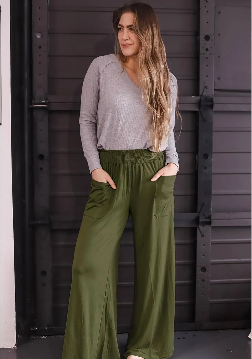 GRAPENT Wide Leg Pants for Women High Wasited Baggy Palazzo Pants Casual Pull On Bell Bottom Smocked Elastic Waist Pants