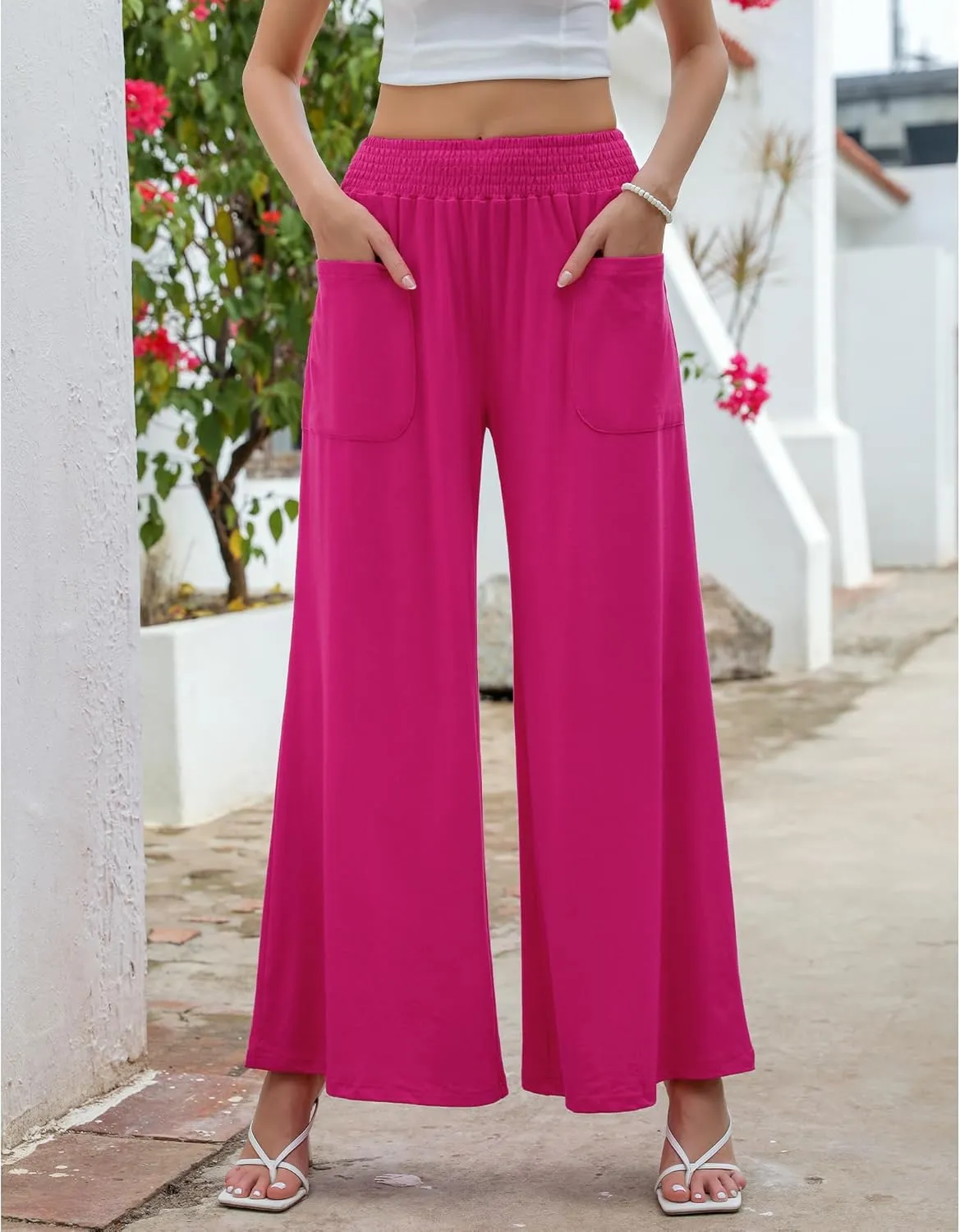 GRAPENT Wide Leg Pants for Women High Wasited Baggy Palazzo Pants Casual Pull On Bell Bottom Smocked Elastic Waist Pants