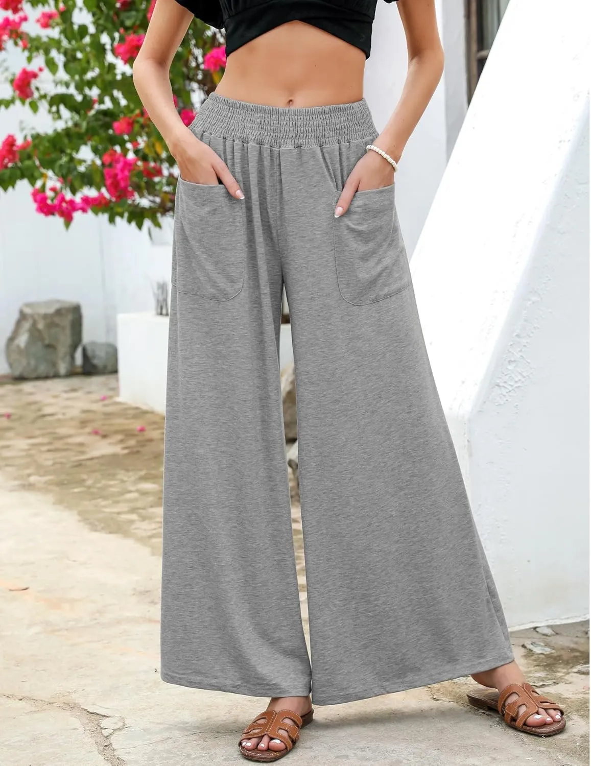 GRAPENT Wide Leg Pants for Women High Wasited Baggy Palazzo Pants Casual Pull On Bell Bottom Smocked Elastic Waist Pants