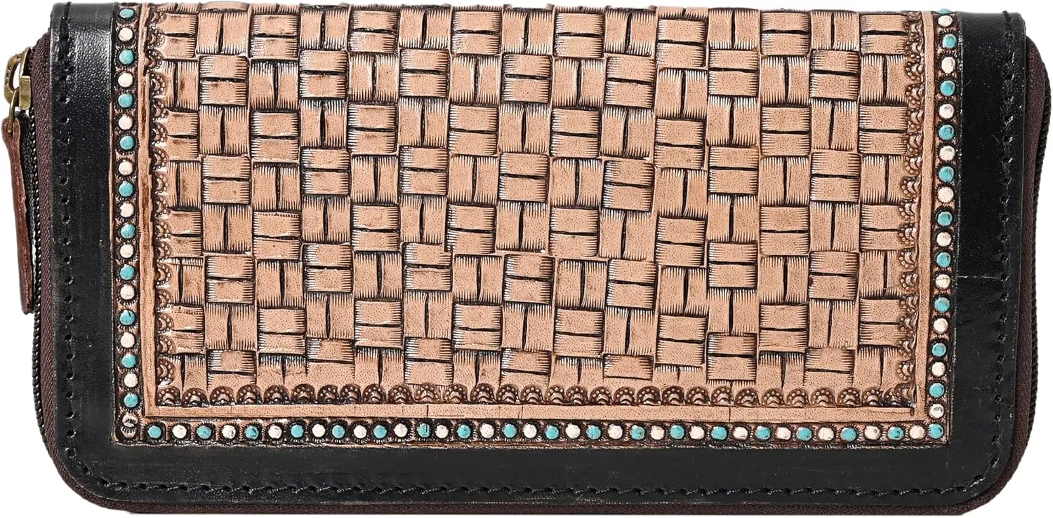 Handcrafted Western Leather Wallet for Women Cowhide Hand Wrist Wallet Card Holder RFID Protected Hand Purses Leather Hand Bag Genuine Leather Handtooled Wallet with Multi Pockets