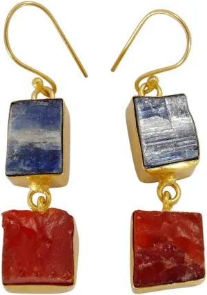 Handmade Raw Kyanite And Carnelian Gemstone Gold Plated Dangle Earrings