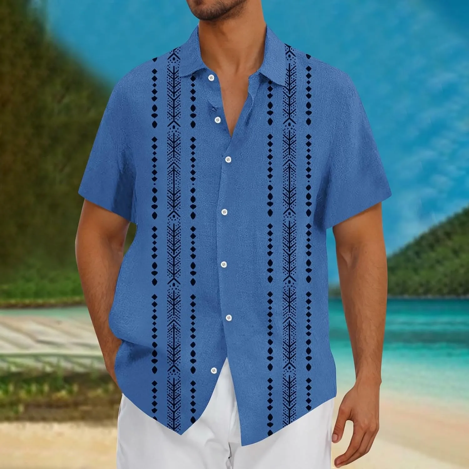 Hawaiian Linen Shirt for Men,Vintage Stripes Print Holiday Bowling Top Short Sleeve Casual Button Down Beach Shirts