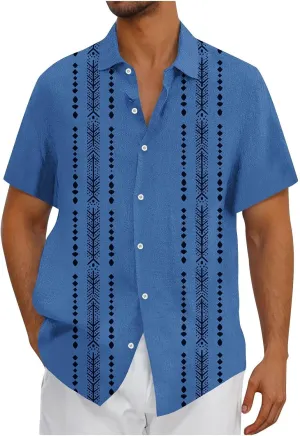 Hawaiian Linen Shirt for Men,Vintage Stripes Print Holiday Bowling Top Short Sleeve Casual Button Down Beach Shirts